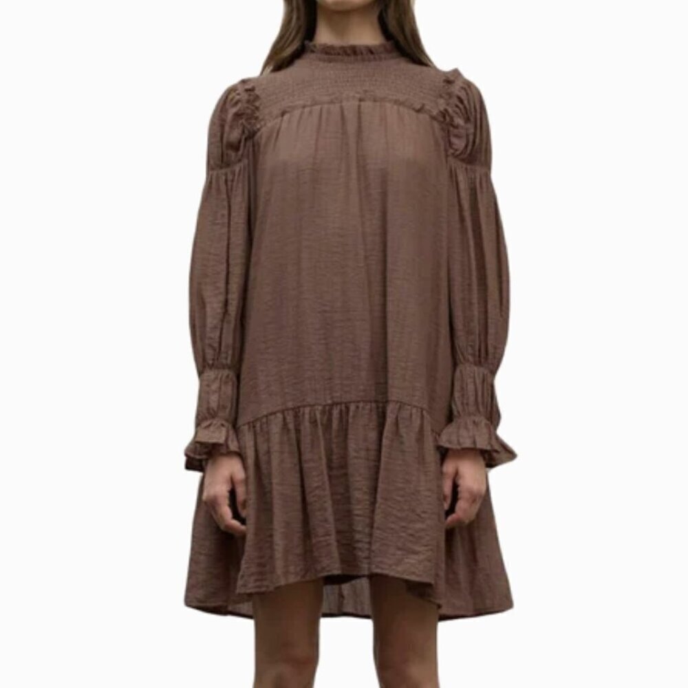 MOON RIVER Women's Small Brown Smocked Puff Sleeve Mini Shift Dress Romantic